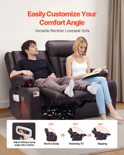 VEVOR Loveseat Recliner Sofa, Power Reclining Couch with Heating & Massage and Timer, PU Leather Electric Recliner Sofa with USB Ports, Cup Holders and Side Bags, Dual Loveseat Chair for Living Room - DDPYSRSFDDKB5TOTG001V1 - view 3