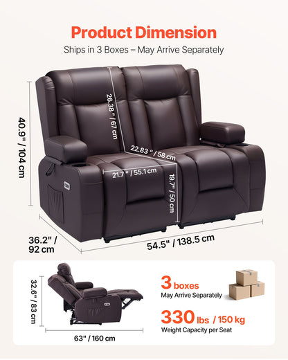VEVOR Loveseat Recliner Sofa, Power Reclining Couch with Heating & Massage and Timer, PU Leather Electric Recliner Sofa with USB Ports, Cup Holders and Side Bags, Dual Loveseat Chair for Living Room - DDPYSRSFDDKB5TOTG001V1 - view 4