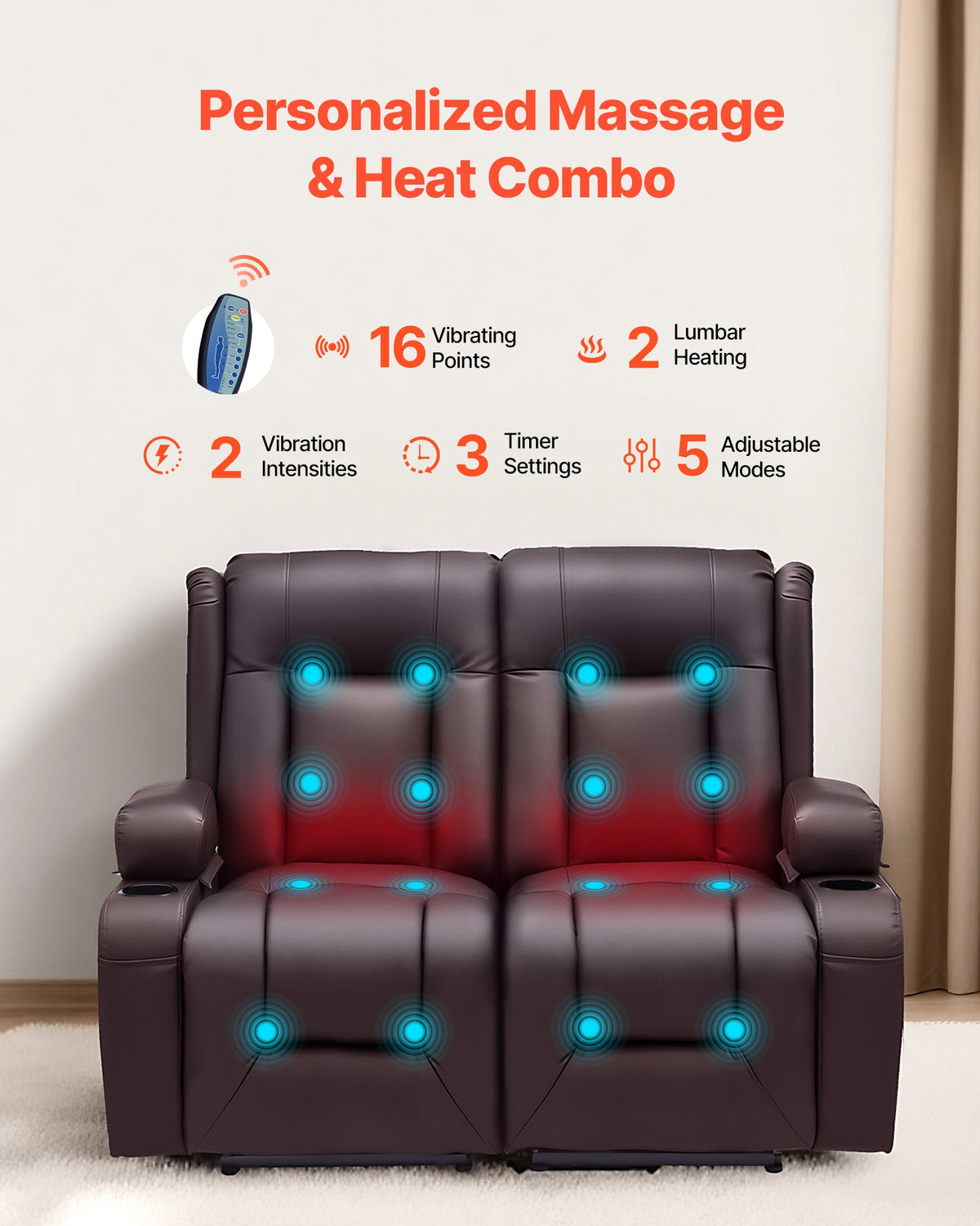 VEVOR Loveseat Recliner Sofa, Power Reclining Couch with Heating & Massage and Timer, PU Leather Electric Recliner Sofa with USB Ports, Cup Holders and Side Bags, Dual Loveseat Chair for Living Room - DDPYSRSFDDKB5TOTG001V1 - view 5