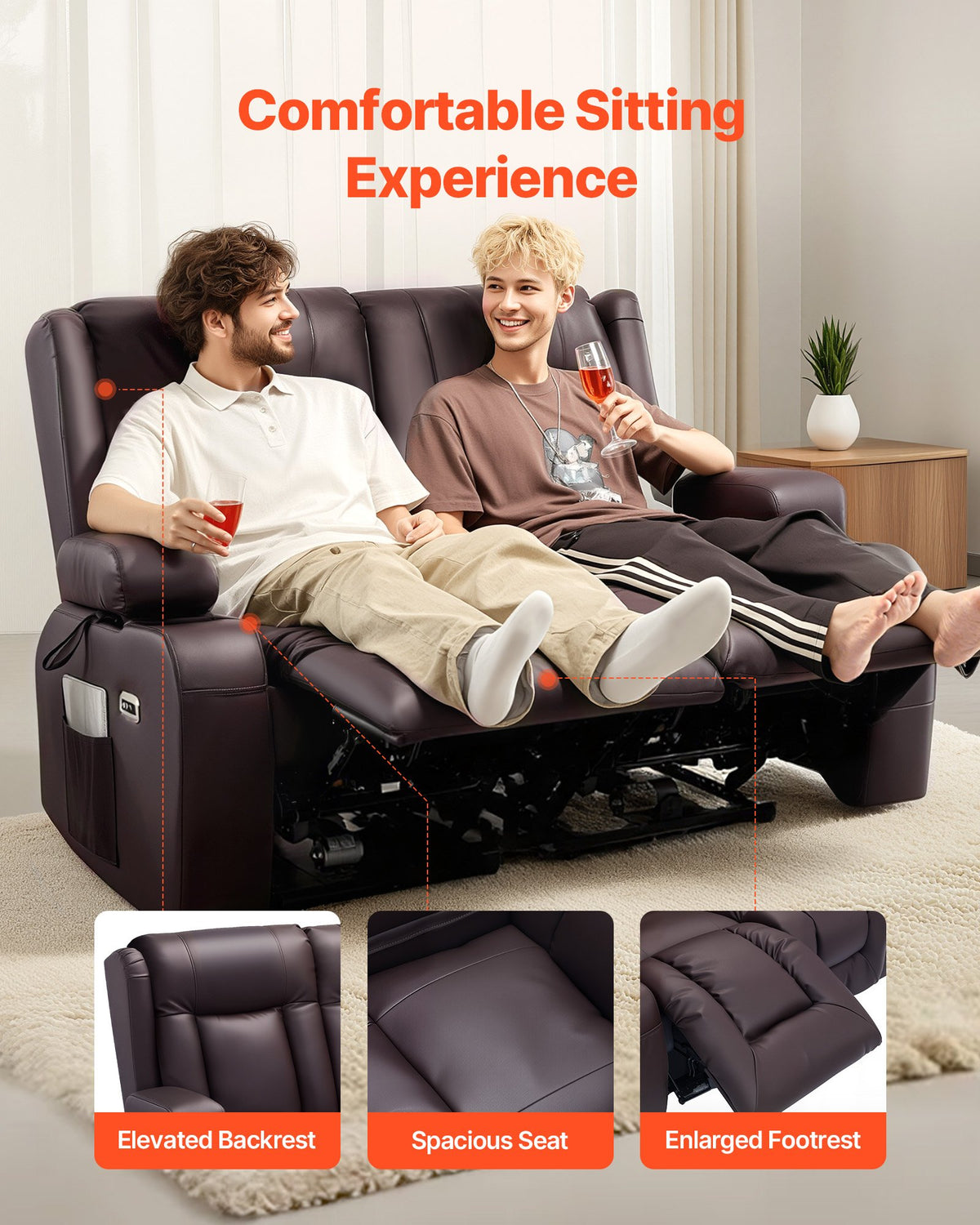 VEVOR Loveseat Recliner Sofa, Power Reclining Couch with Heating & Massage and Timer, PU Leather Electric Recliner Sofa with USB Ports, Cup Holders and Side Bags, Dual Loveseat Chair for Living Room - DDPYSRSFDDKB5TOTG001V1 - view 7