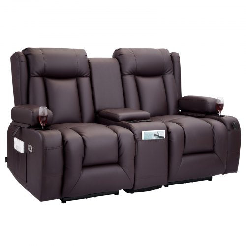 VEVOR Loveseat Recliner Sofa, Power Reclining Couch with Heating & Massage and Timer, PU Leather Electric Recliner Sofa with Center Console, USB Ports, Cup Holders and Side Bags for Living Room - DDPYSRSFDDKD1TA1D001V1 - view 2