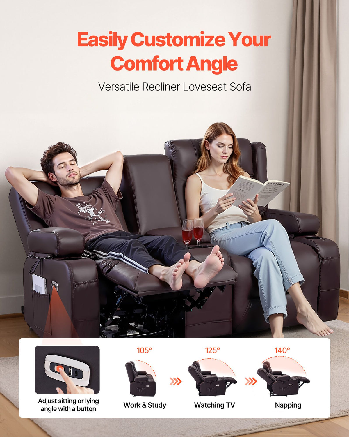 VEVOR Loveseat Recliner Sofa, Power Reclining Couch with Heating & Massage and Timer, PU Leather Electric Recliner Sofa with Center Console, USB Ports, Cup Holders and Side Bags for Living Room - DDPYSRSFDDKD1TA1D001V1 - view 3