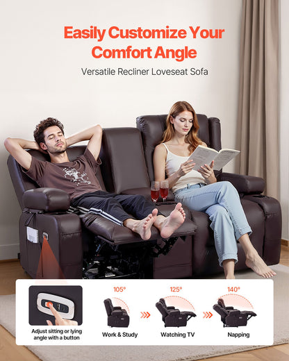 VEVOR Loveseat Recliner Sofa, Power Reclining Couch with Heating & Massage and Timer, PU Leather Electric Recliner Sofa with Center Console, USB Ports, Cup Holders and Side Bags for Living Room - DDPYSRSFDDKD1TA1D001V1 - view 3