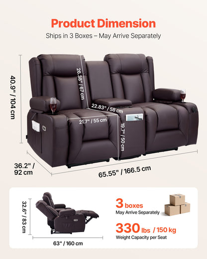 VEVOR Loveseat Recliner Sofa, Power Reclining Couch with Heating & Massage and Timer, PU Leather Electric Recliner Sofa with Center Console, USB Ports, Cup Holders and Side Bags for Living Room - DDPYSRSFDDKD1TA1D001V1 - view 4