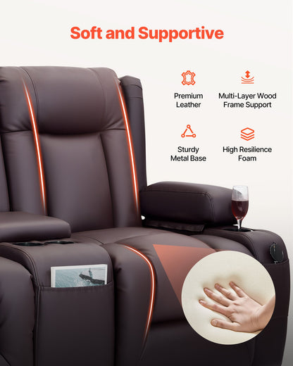 VEVOR Loveseat Recliner Sofa, Power Reclining Couch with Heating & Massage and Timer, PU Leather Electric Recliner Sofa with Center Console, USB Ports, Cup Holders and Side Bags for Living Room - DDPYSRSFDDKD1TA1D001V1 - view 6