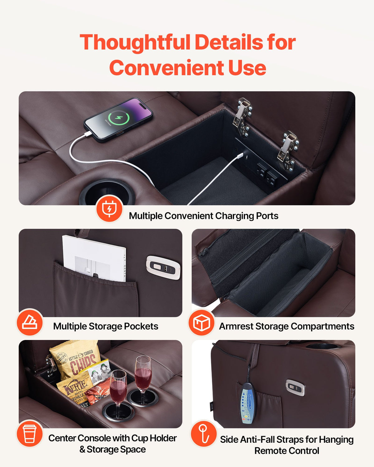 VEVOR Loveseat Recliner Sofa, Power Reclining Couch with Heating & Massage and Timer, PU Leather Electric Recliner Sofa with Center Console, USB Ports, Cup Holders and Side Bags for Living Room - DDPYSRSFDDKD1TA1D001V1 - view 8