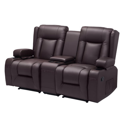VEVOR Loveseat Recliner Sofa, Manual Reclining Couch with Center Console, PU Faux Leather Recliner Sofa with USB Ports, Cup Holders and Storage Bags, Dual Loveseat Chair for Living Room/RV, Brown - DDPYSRSFSDKD2FNYC001V0 - view 1