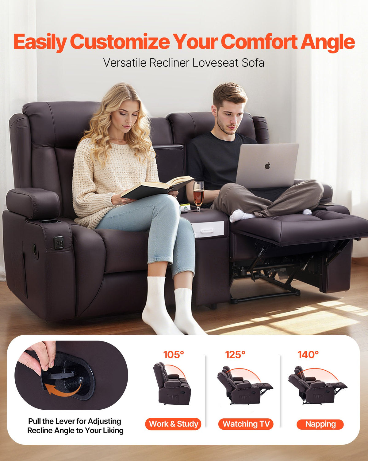 VEVOR Loveseat Recliner Sofa, Manual Reclining Couch with Center Console, PU Faux Leather Recliner Sofa with USB Ports, Cup Holders and Storage Bags, Dual Loveseat Chair for Living Room/RV, Brown - DDPYSRSFSDKD2FNYC001V0 - view 3