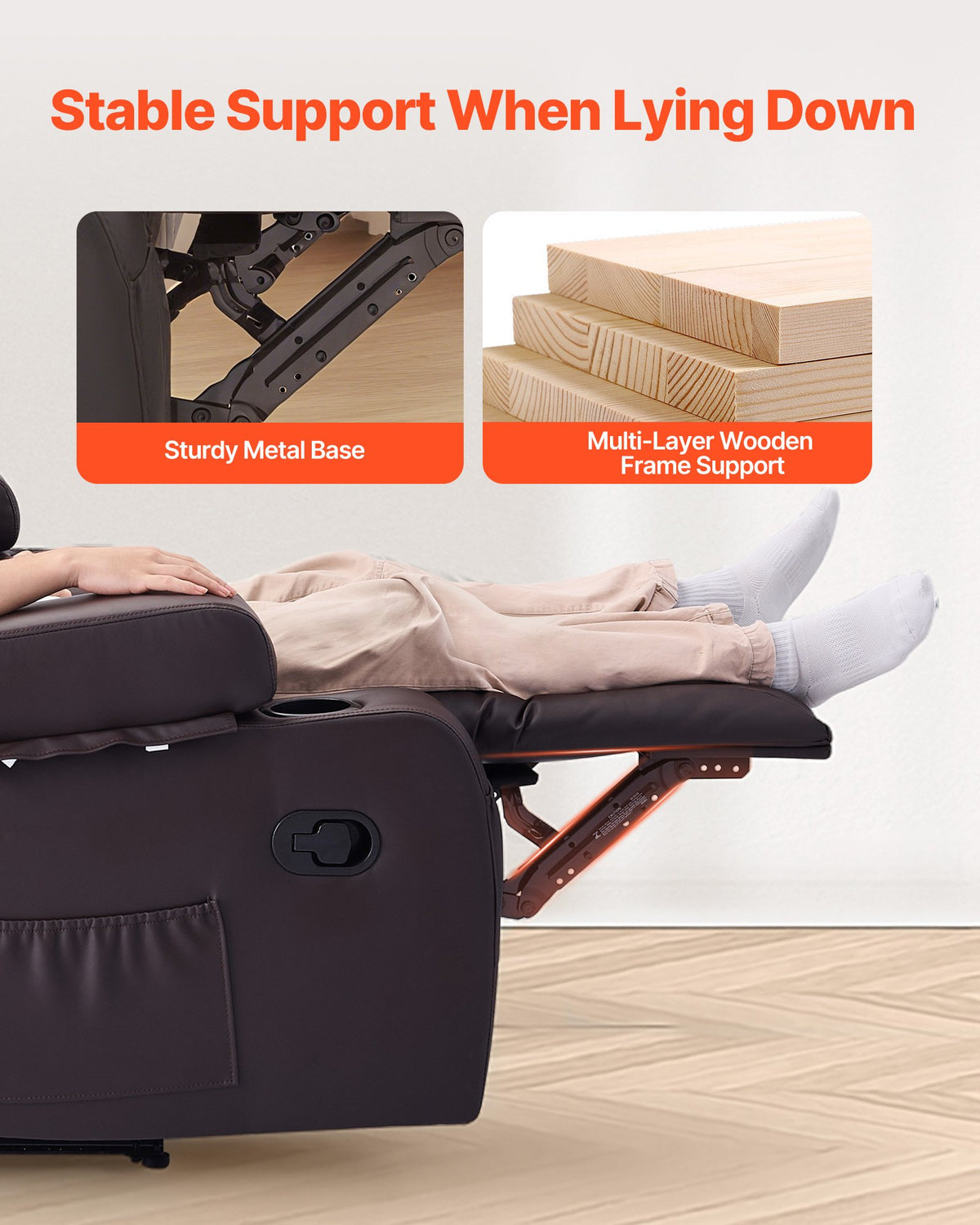 VEVOR Loveseat Recliner Sofa, Manual Reclining Couch with Center Console, PU Faux Leather Recliner Sofa with USB Ports, Cup Holders and Storage Bags, Dual Loveseat Chair for Living Room/RV, Brown - DDPYSRSFSDKD2FNYC001V0 - view 5