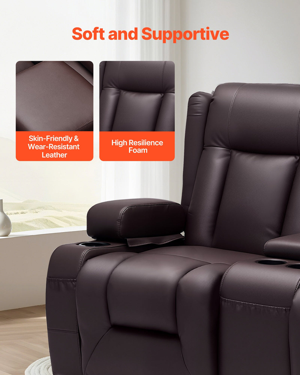 VEVOR Loveseat Recliner Sofa, Manual Reclining Couch with Center Console, PU Faux Leather Recliner Sofa with USB Ports, Cup Holders and Storage Bags, Dual Loveseat Chair for Living Room/RV, Brown - DDPYSRSFSDKD2FNYC001V0 - view 6