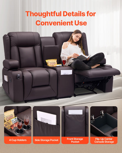 VEVOR Loveseat Recliner Sofa, Manual Reclining Couch with Center Console, PU Faux Leather Recliner Sofa with USB Ports, Cup Holders and Storage Bags, Dual Loveseat Chair for Living Room/RV, Brown - DDPYSRSFSDKD2FNYC001V0 - view 8