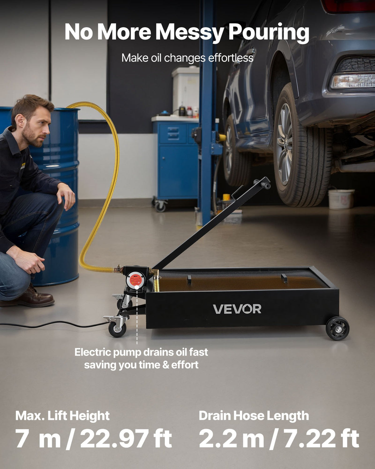 VEVOR Low Profile Oil Drain Pan, 15 Gallon Capacity, Rolling Oil Drain Pan with Electric Pump & 7.2 ft Hose, Leak-proof & Corrosion-resistant, Fit for Cars, SUVs, Trucks, Motorcycles, ATVs, Metal - DDQCPYPHS15GXFRN4001V9 - view 3