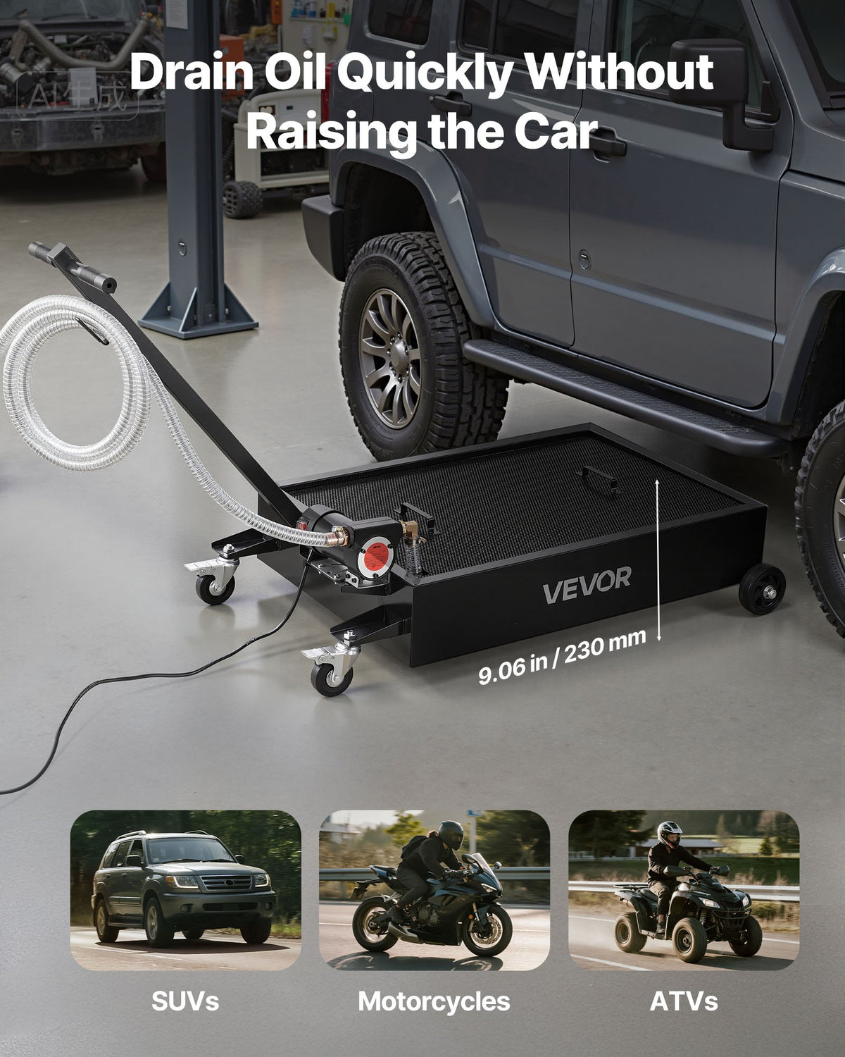 VEVOR Low Profile Oil Drain Pan, 15 Gallon Capacity, Rolling Oil Drain Pan with Electric Pump & 7.2 ft Hose, Leak-proof & Corrosion-resistant, Fit for Cars, SUVs, Trucks, Motorcycles, ATVs, Metal - DDQCPYPHS15GXFRN4001V9 - view 5