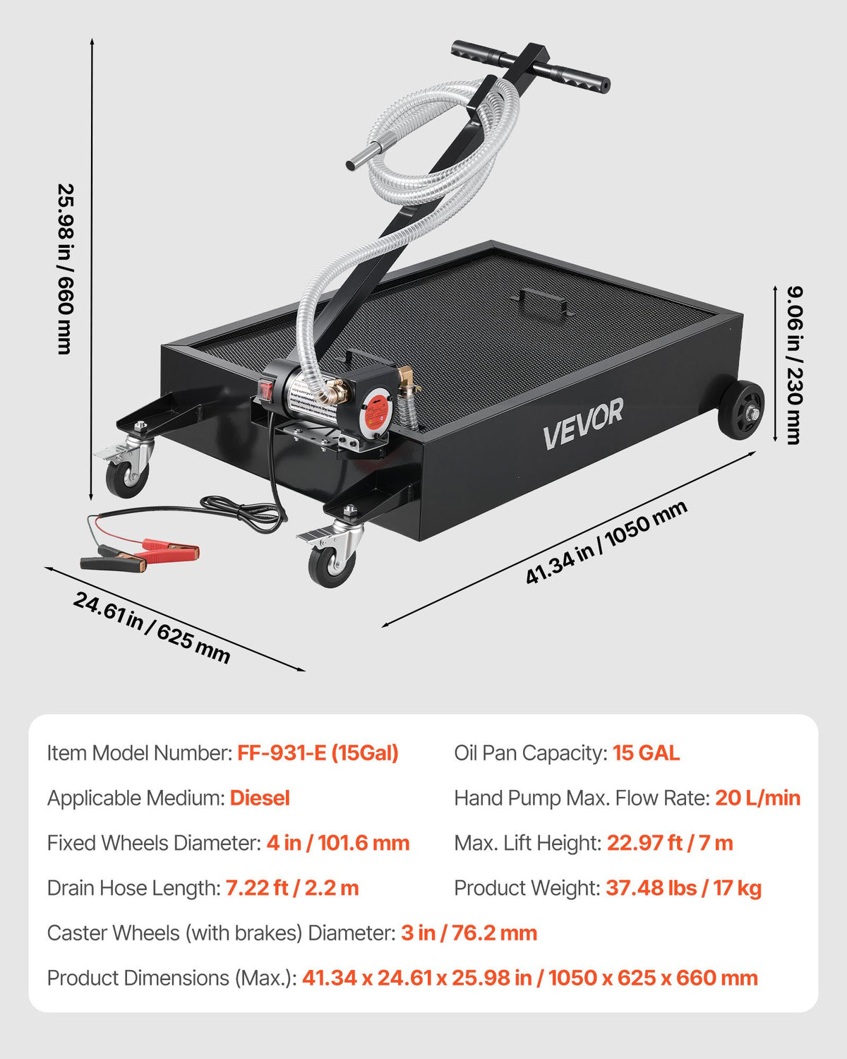 VEVOR Low Profile Oil Drain Pan, 15 Gallon Capacity, Rolling Oil Drain Pan with Electric Pump & 7.2 ft Hose, Leak-proof & Corrosion-resistant, Fit for Cars, SUVs, Trucks, Motorcycles, ATVs, Metal - DDQCPYPHS15GXFRN4001V9 - view 8