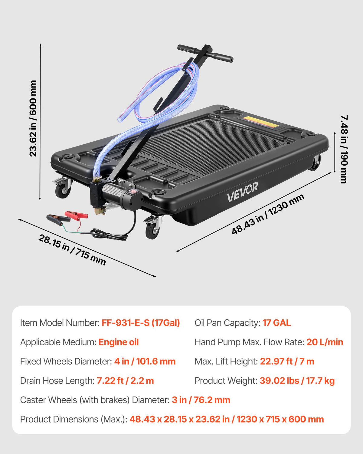 VEVOR Low Profile Oil Drain Pan, 17 Gallon Capacity, Rolling Oil Drain Pan with Electric Pump & 7.2 ft Hose, Leak-proof & Corrosion-resistant, Fit for Cars, SUVs, Trucks, Motorcycles, ATVs, Metal - DDQCPYPHS17GK6T39001V9 - view 8