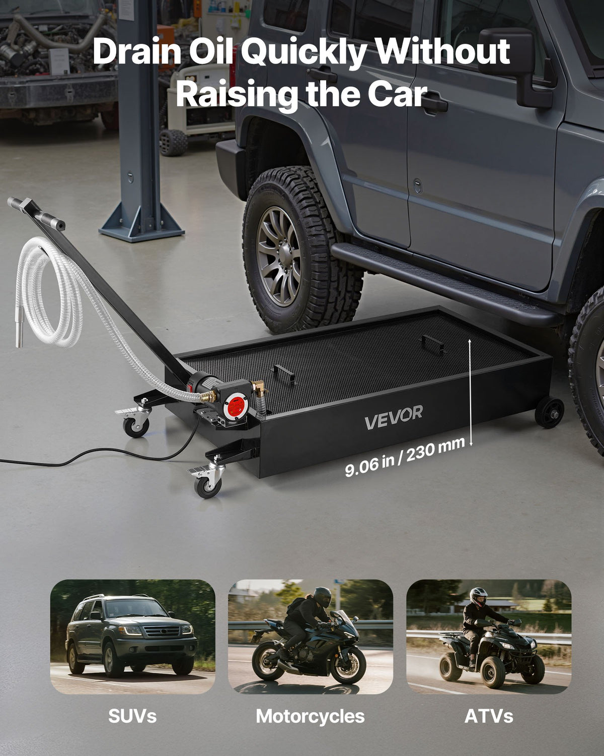 VEVOR Low Profile Oil Drain Pan, 20 Gallon Capacity, Rolling Oil Drain Pan with Electric Pump & 7.2 ft Hose, Leak-proof & Corrosion-resistant, Fit for Cars, SUVs, Trucks, Motorcycles, ATVs, Metal - DDQCPYPHS20GC9AEU001V9 - view 5