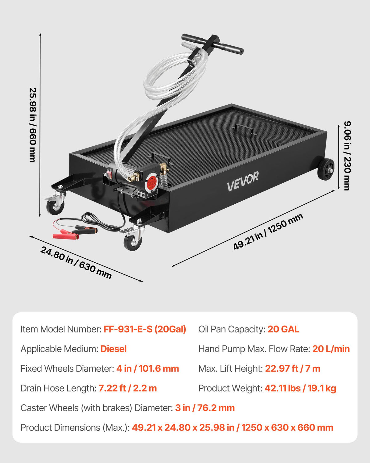 VEVOR Low Profile Oil Drain Pan, 20 Gallon Capacity, Rolling Oil Drain Pan with Electric Pump & 7.2 ft Hose, Leak-proof & Corrosion-resistant, Fit for Cars, SUVs, Trucks, Motorcycles, ATVs, Metal - DDQCPYPHS20GC9AEU001V9 - view 8