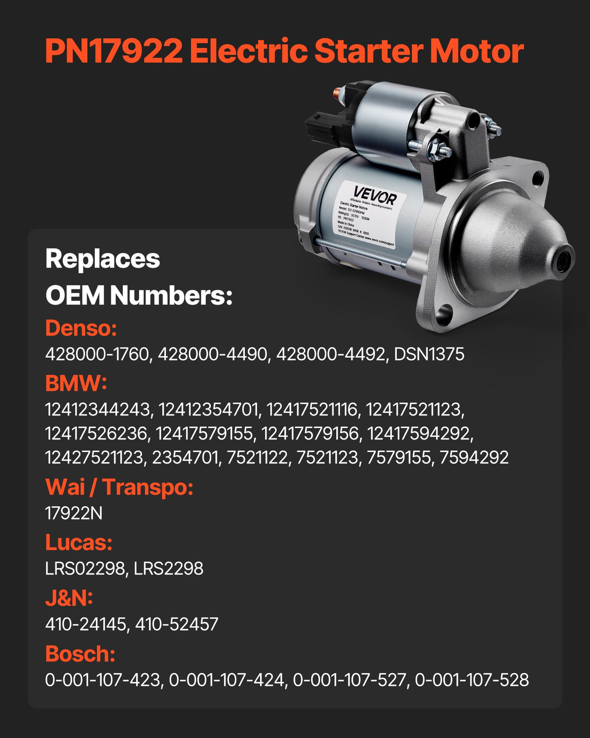 VEVOR Starter 17922, Starter Motor Replacement Compatible with BMW 1 Series M 3.0L L6 2011, 128i 3.0L L6 2008-2011, 325i/325xi 3.0L L6 2006, 335xi 3.0L L6 2007-2008, OEM 428000-1760 410-24145 LRS02298 - DDQDMDPN17924XNJ8001V9 - view 4
