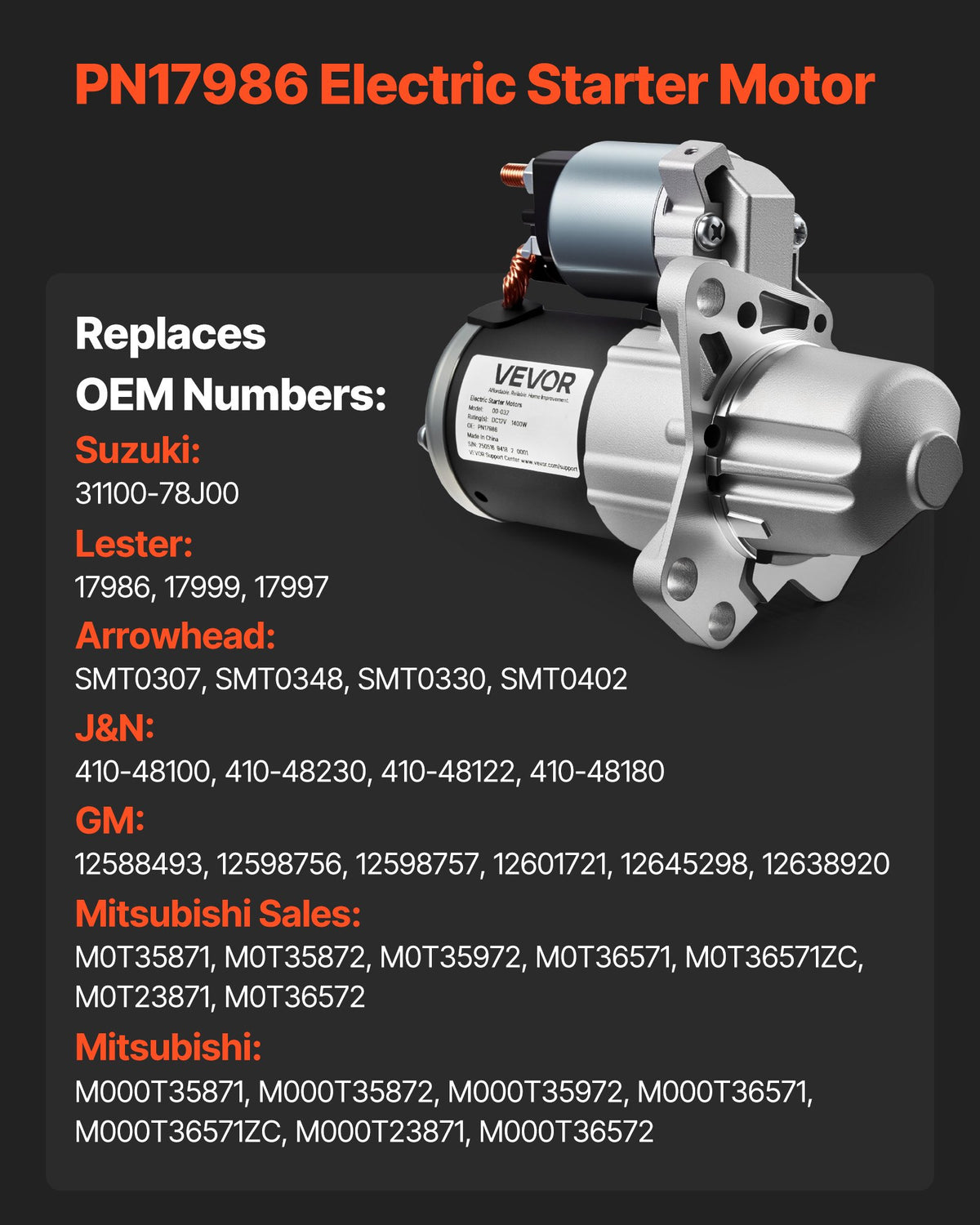 VEVOR Starter 17986, Starter Motor Replacement Compatible with Buick 3.6L V6 06-08, Cadillac SRX 3.0L V6 10-11, Chevrolet 3.6L V6 09-17, GMC Pontiac Saturn Suzuki, OEM 12588493 M000T35871 31100-78J00 - DDQDMDPN17984J8R3001V9 - view 4