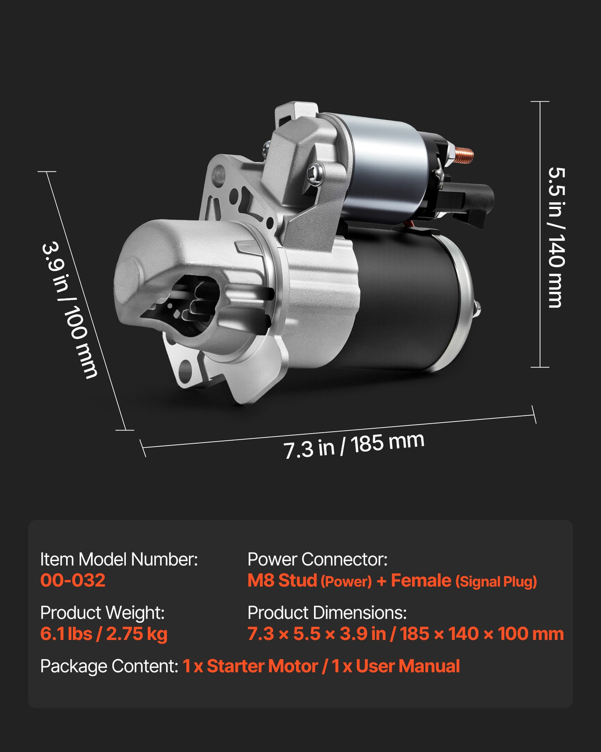 VEVOR Starter 17986, Starter Motor Replacement Compatible with Buick 3.6L V6 06-08, Cadillac SRX 3.0L V6 10-11, Chevrolet 3.6L V6 09-17, GMC Pontiac Saturn Suzuki, OEM 12588493 M000T35871 31100-78J00 - DDQDMDPN17984J8R3001V9 - view 8