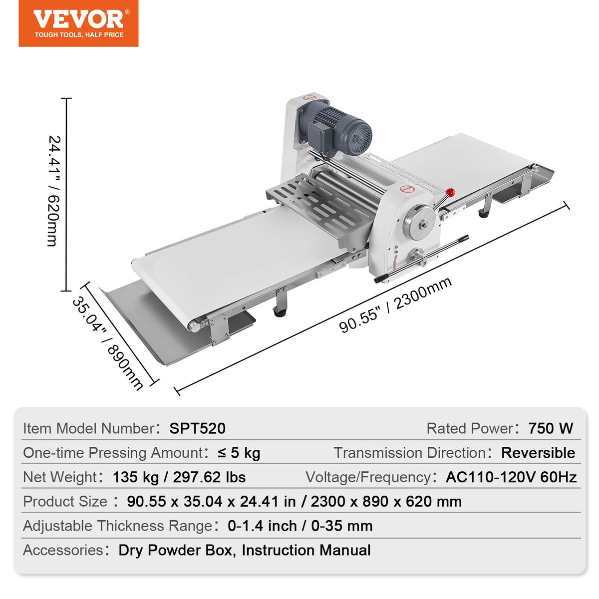 VEVOR Commercial Dough Sheeter Machine, 19.7-Inch Reversible Puff Pastry Sheeter and Fondant Roller, Electric Dough Roller 0-1.4" Adjustable Thickness, Folding Dough Sheeter for Bakeries, Pastries - DDQSJTM197INUF2ZCV1 - view 8