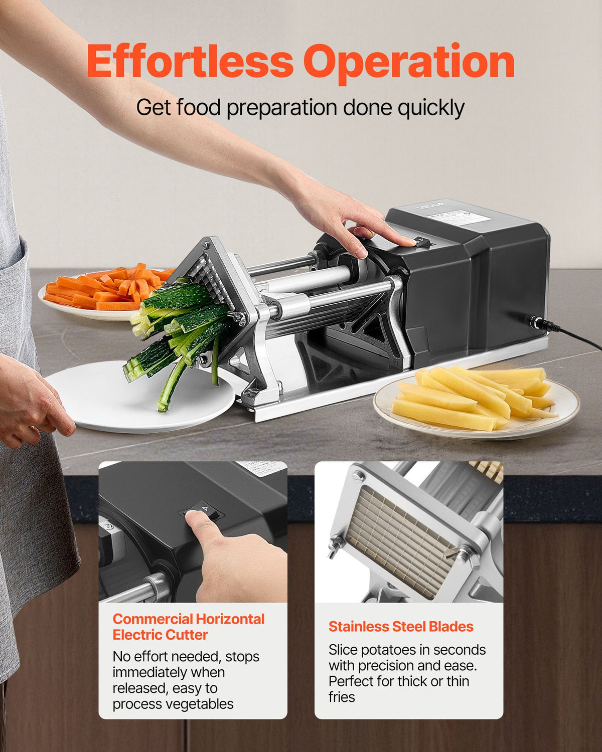 VEVOR Commercial French Fry Cutter, Stainless Steel Vegetable Fruit Chopper with 3 Replacement Blades 1/2-Inch 3/8-Inch 1/4-Inch, Electric Potato Slicer Dicer for Restaurants & Home Kitchen - DDQTJ40W3J12F37KF001V1 - view 5