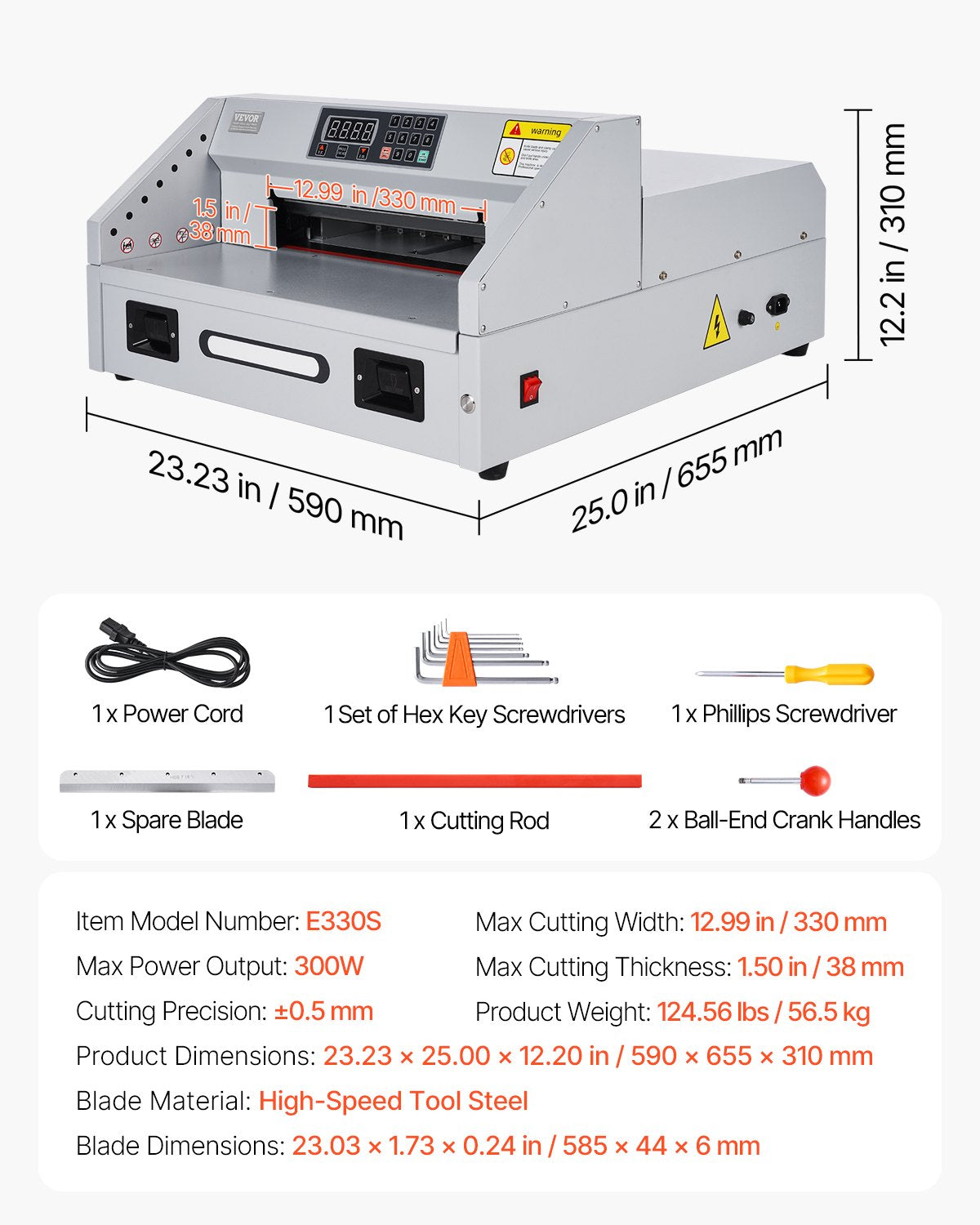 VEVOR Electric Paper Cutter, 300W Heavy Duty Paper Cutter Machine 11.8 in / 330 mm Cutting Width, 1.5 in / 38 mm Cutting Thickness, Electric Guillotine Trimmer with Casters & Infrared Function - DDQZJEKDD33096MIQ001V1 - view 8