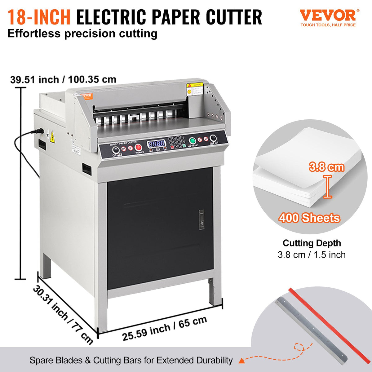 VEVOR Electric Hydraulic Paper Cutter, Heavy Duty Paper Cutter Machine, 1.57 in / 40 mm Cutting Thickness, 18 in / 457.2 mm Cutting Width, Industrial Paper Trimmer with Button Control - DDQZJEKDD450843OA001V1 - view 3