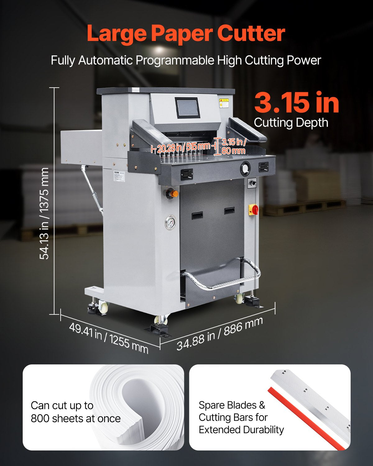 VEVOR Electric Hydraulic Paper Cutter, 2500W Heavy Duty Paper Cutter Machine 20.2 in/515 mm Cutting Width, 3.1 in/80 mm Cutting Thickness, Electric Guillotine Trimmer with Casters & Infrared Function - DDQZJEKYY5205M6AP001V1 - view 3