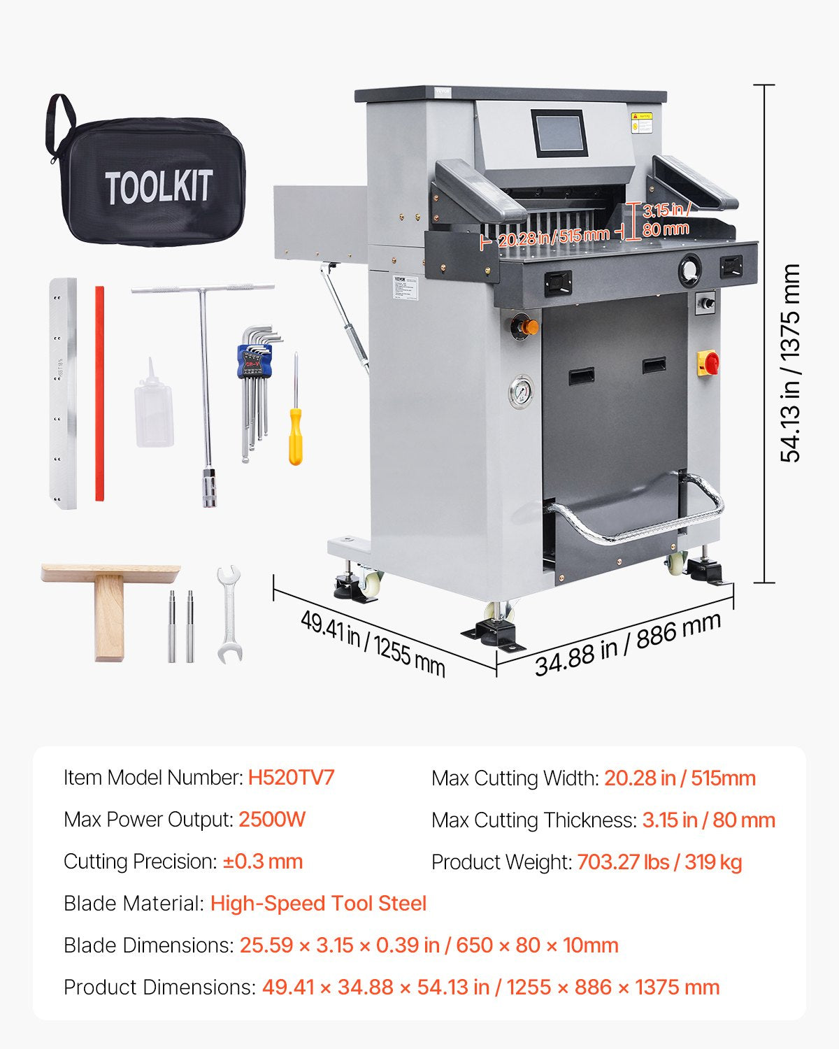 VEVOR Electric Hydraulic Paper Cutter, 2500W Heavy Duty Paper Cutter Machine 20.2 in/515 mm Cutting Width, 3.1 in/80 mm Cutting Thickness, Electric Guillotine Trimmer with Casters & Infrared Function - DDQZJEKYY5205M6AP001V1 - view 8