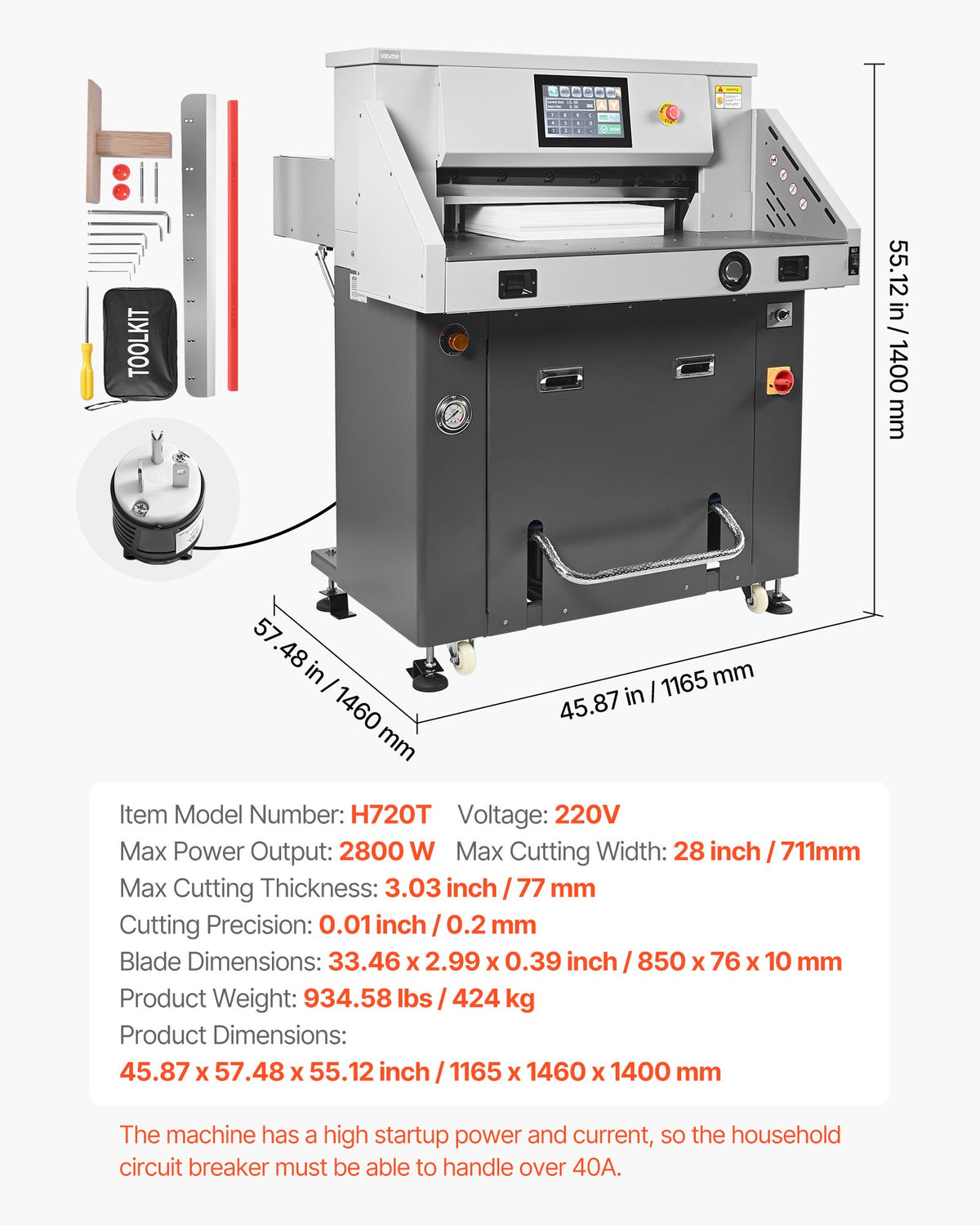 VEVOR Electric Paper Cutter, Metal Hydraulic Paper Cutter Machine, 28 inch Cutting Width, 3.03 inch Cutting Thickness, Large Size Electric Guillotine Trimmer with Infrared Function and Spare Blade - DDQZJSKYYQZJ7MC5P001V1 - view 8