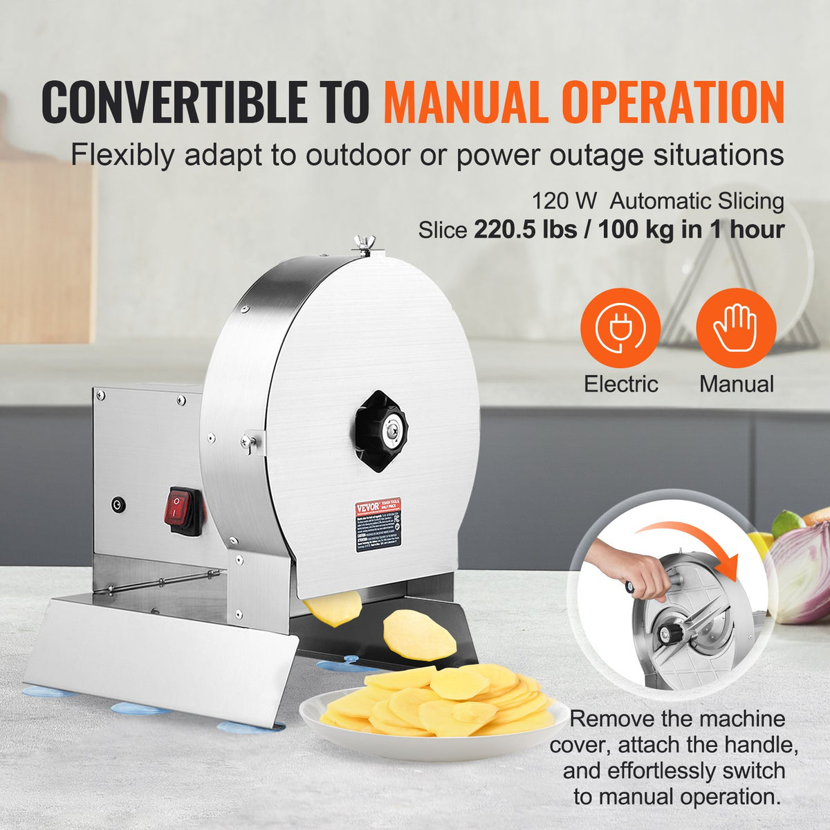 VEVOR Electric Vegetable Slicer, 0-0.5"/0-12mm Thickness Adjustable Commercial Slicer Machine, Convertible to Manual, Stainless Steel Food Cutter Slicing Machine, for Potato, Lemon, Tomato, Apple - DDSCQPJBXG00D1ME3V1 - view 4