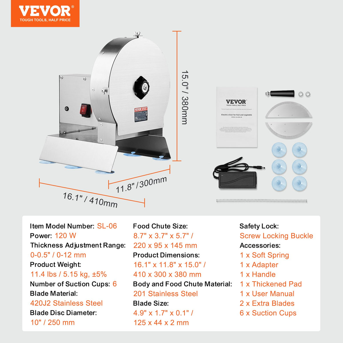 VEVOR Electric Vegetable Slicer, 0-0.5"/0-12mm Thickness Adjustable Commercial Slicer Machine, Convertible to Manual, Stainless Steel Food Cutter Slicing Machine, for Potato, Lemon, Tomato, Apple - DDSCQPJBXG00D1ME3V1 - view 8