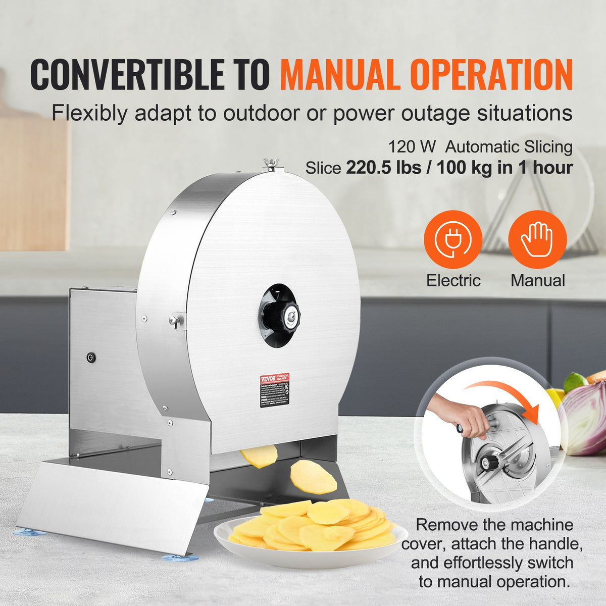 VEVOR Electric Vegetable Slicer, 0-0.5"/0-12mm Thickness Adjustable Commercial Slicer Machine, Convertible to Manual, Stainless Steel Food Cutter Slicing Machine, Large Feed Port for Potato, Tomato - DDSCQPJBXG133TSLKV1 - view 4