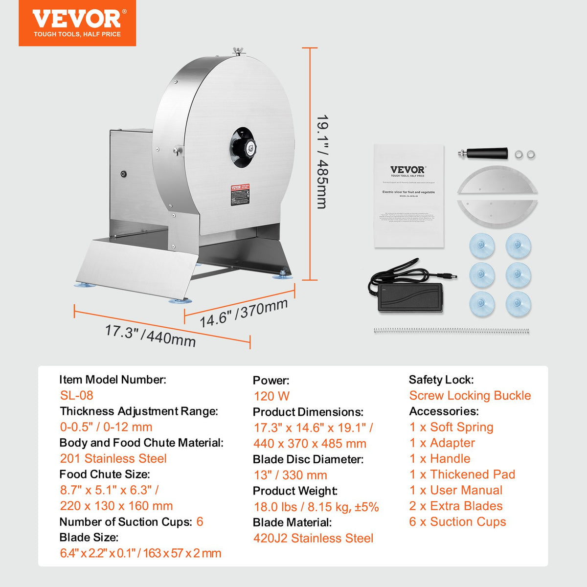 VEVOR Electric Vegetable Slicer, 0-0.5"/0-12mm Thickness Adjustable Commercial Slicer Machine, Convertible to Manual, Stainless Steel Food Cutter Slicing Machine, Large Feed Port for Potato, Tomato - DDSCQPJBXG133TSLKV1 - view 8