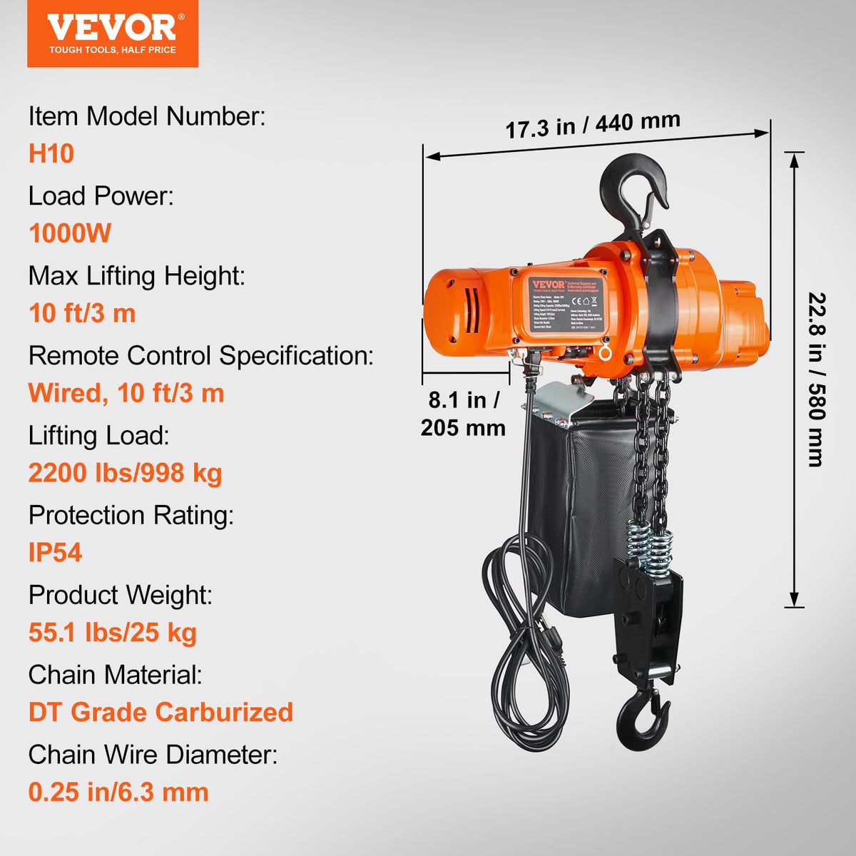VEVOR Electric Chain Hoist, 2200 lbs Load Capacity, 10 ft Lifting Height, 6.9 ft/min Speed, 120V, Single Phase Overhead Crane with Chain, 10 ft Wired Remote Control for Garage, Shop, Hotel, and Home - DDSHLHLDXD11P0U2TV1 - view 8