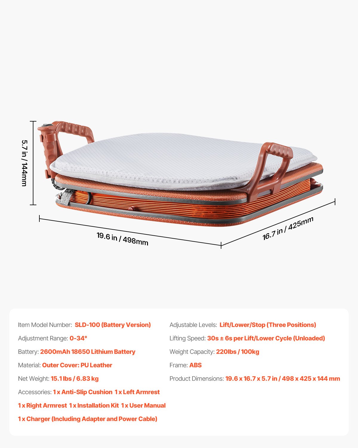 VEVOR Electric Seat Assist Lifting Cushion, 200lb Capacity, up to 34° Chair Lift Assist Device, with One-Button Control & Dual Power Options, Portable Lifting Seat with Carry Handle, for Sofa Bed Car - DDSJQBQSJZD4S4KD5001V1 - view 8