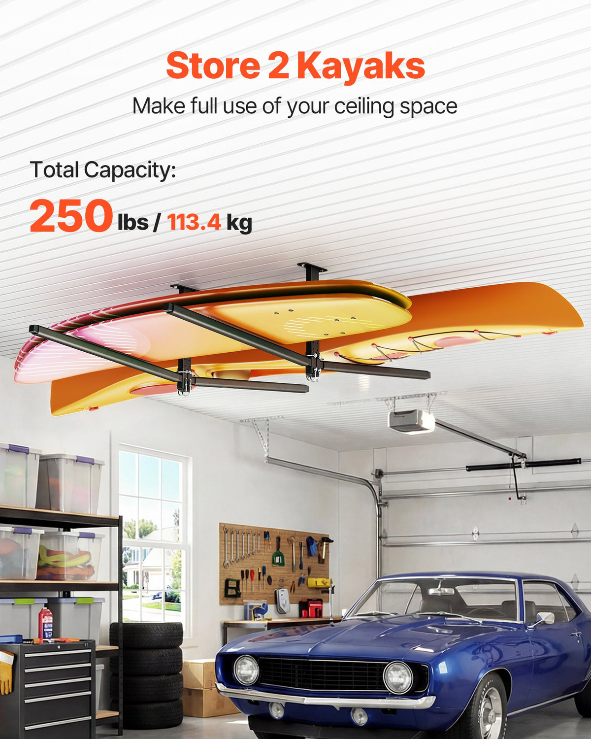 VEVOR Kayak Storage Rack for 2 Kayaks, Holds Up to 250 lbs, Heavy Duty Adjustable Ceiling Rack for Garage Ceiling Mount, Overhead Garage Storage Hanger for Canoe, Ladder, SUP, Surfboard & Paddleboard - DDSPHTZJ2S00BED1F001V0 - view 3