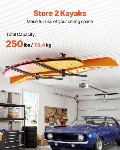 VEVOR Kayak Storage Rack for 2 Kayaks, Holds Up to 250 lbs, Heavy Duty Adjustable Ceiling Rack for Garage Ceiling Mount, Overhead Garage Storage Hanger for Canoe, Ladder, SUP, Surfboard & Paddleboard - DDSPHTZJ2S00BED1F001V0 - view 3