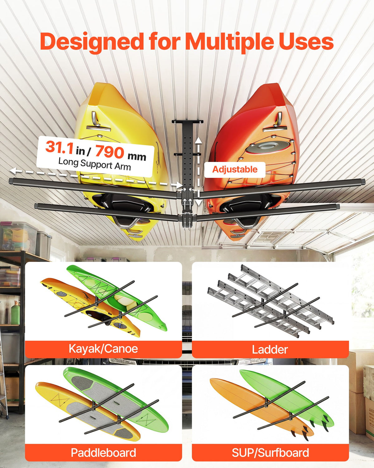 VEVOR Kayak Storage Rack for 2 Kayaks, Holds Up to 250 lbs, Heavy Duty Adjustable Ceiling Rack for Garage Ceiling Mount, Overhead Garage Storage Hanger for Canoe, Ladder, SUP, Surfboard & Paddleboard - DDSPHTZJ2S00BED1F001V0 - view 4