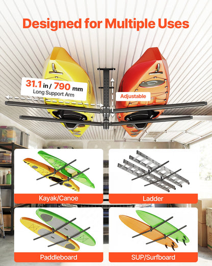 VEVOR Kayak Storage Rack for 2 Kayaks, Holds Up to 250 lbs, Heavy Duty Adjustable Ceiling Rack for Garage Ceiling Mount, Overhead Garage Storage Hanger for Canoe, Ladder, SUP, Surfboard & Paddleboard - DDSPHTZJ2S00BED1F001V0 - view 4