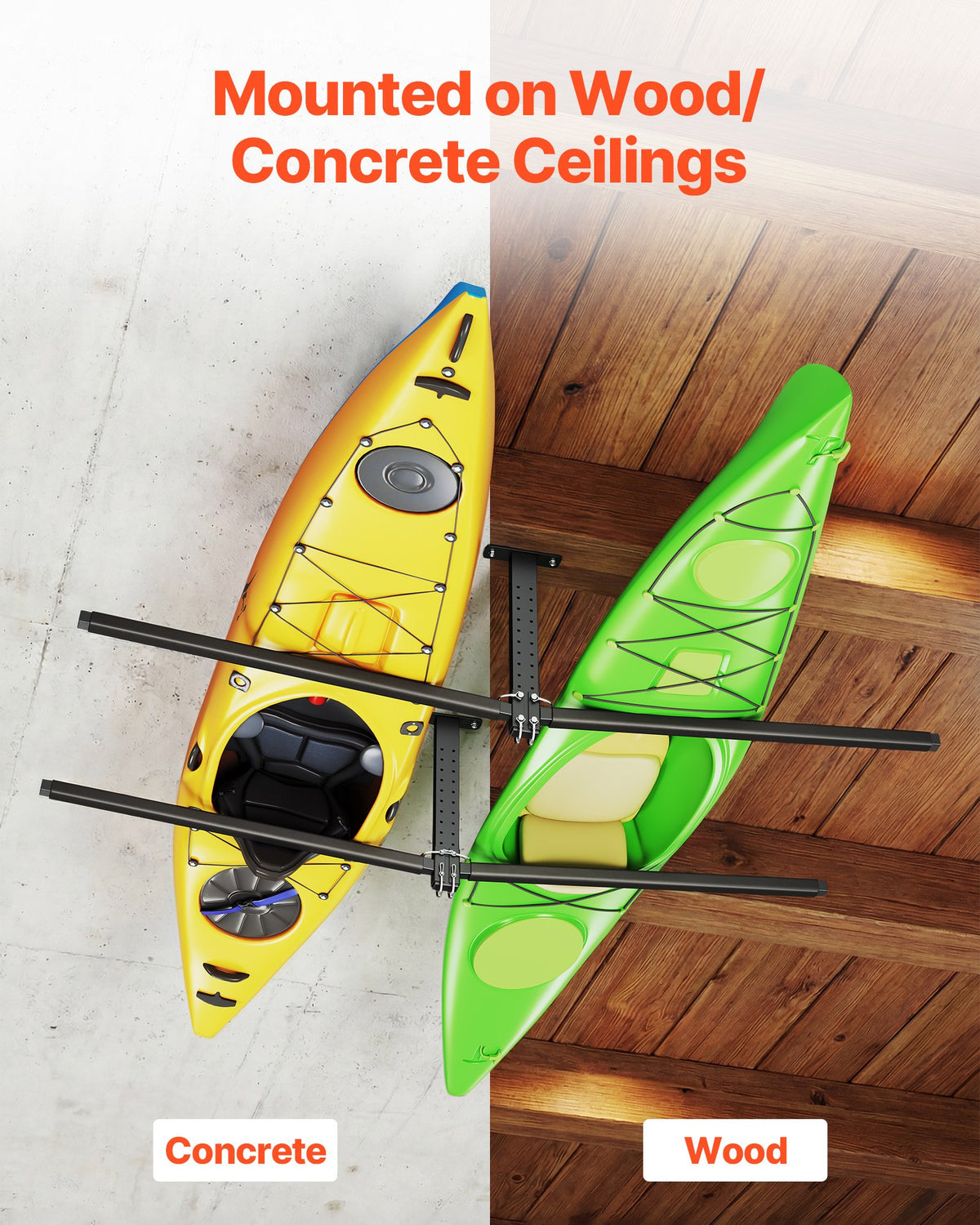VEVOR Kayak Storage Rack for 2 Kayaks, Holds Up to 250 lbs, Heavy Duty Adjustable Ceiling Rack for Garage Ceiling Mount, Overhead Garage Storage Hanger for Canoe, Ladder, SUP, Surfboard & Paddleboard - DDSPHTZJ2S00BED1F001V0 - view 7