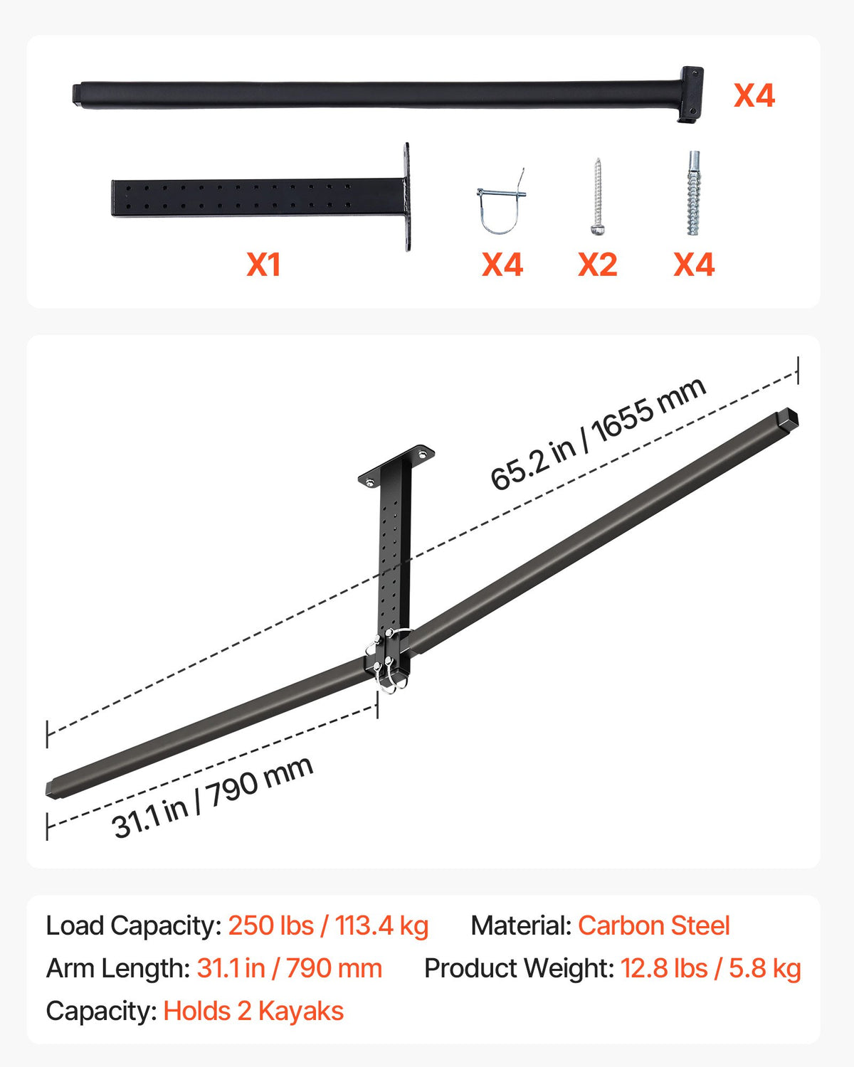 VEVOR Kayak Storage Rack for 2 Kayaks, Holds Up to 250 lbs, Heavy Duty Adjustable Ceiling Rack for Garage Ceiling Mount, Overhead Garage Storage Hanger for Canoe, Ladder, SUP, Surfboard & Paddleboard - DDSPHTZJ2S00BED1F001V0 - view 8