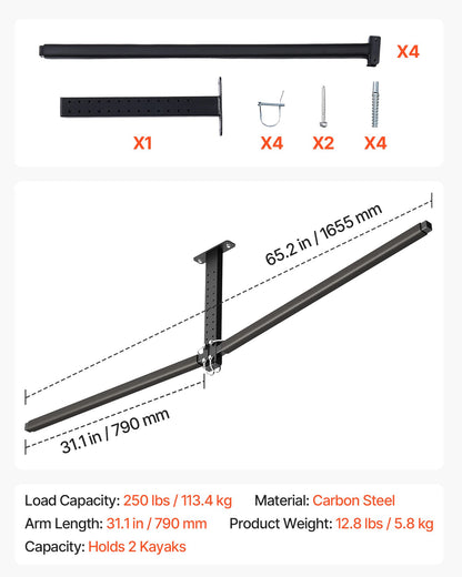 VEVOR Kayak Storage Rack for 2 Kayaks, Holds Up to 250 lbs, Heavy Duty Adjustable Ceiling Rack for Garage Ceiling Mount, Overhead Garage Storage Hanger for Canoe, Ladder, SUP, Surfboard & Paddleboard - DDSPHTZJ2S00BED1F001V0 - view 8