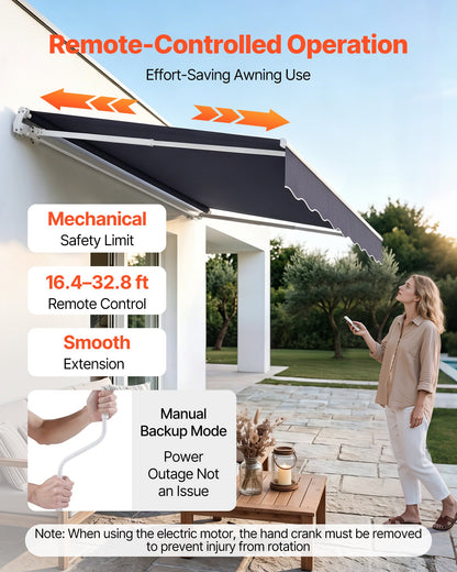 VEVOR Electric Retractable Awning, 9.8' x 8.2' Motorized Patio Awning, Sunshade Shelter with Remote Controller & Manual Crank Handle, Waterproof Polyester Fabric for Outdoor Deck, Balcony, Yard, Gray - DDSSSZYPDDSD74DRR001V1 - view 3