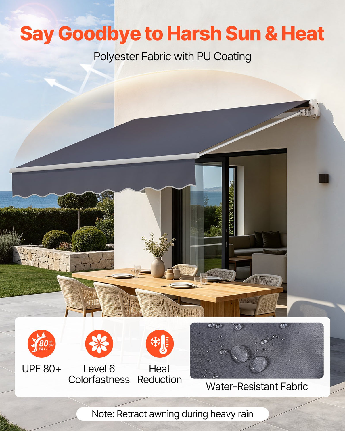 VEVOR Electric Retractable Awning, 9.8' x 8.2' Motorized Patio Awning, Sunshade Shelter with Remote Controller & Manual Crank Handle, Waterproof Polyester Fabric for Outdoor Deck, Balcony, Yard, Gray - DDSSSZYPDDSD74DRR001V1 - view 4