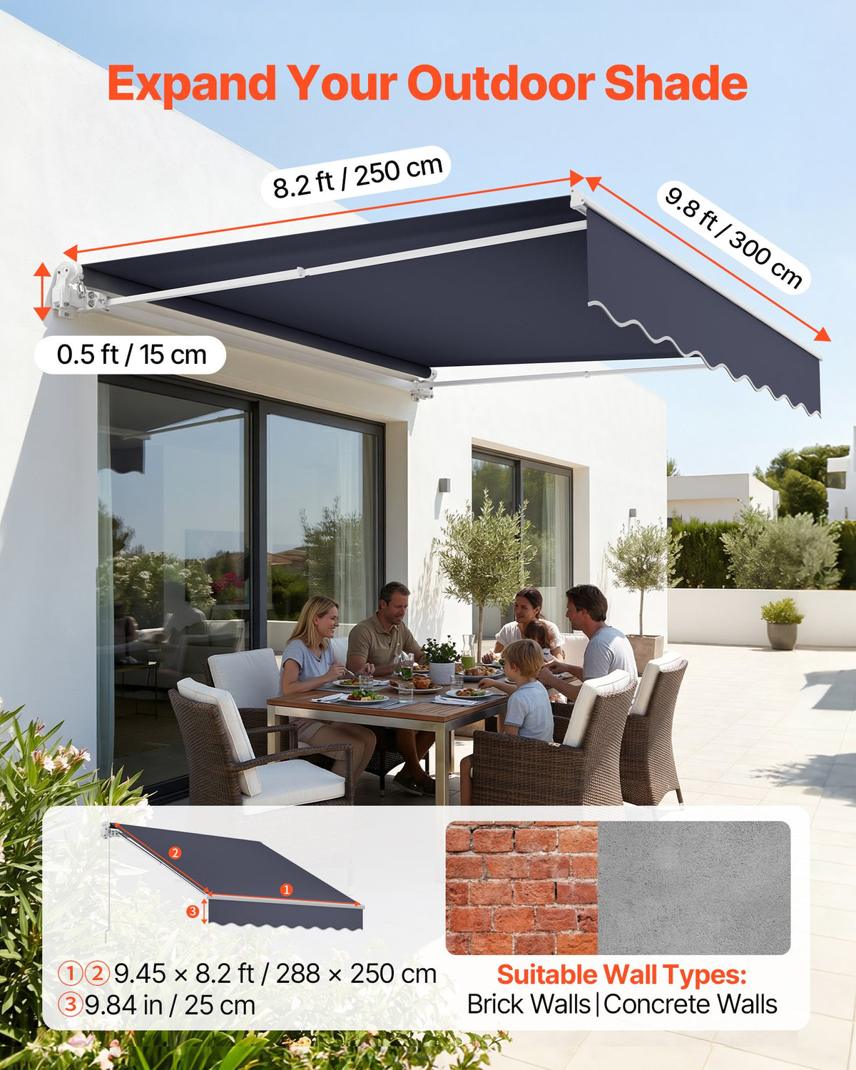 VEVOR Electric Retractable Awning, 9.8' x 8.2' Motorized Patio Awning, Sunshade Shelter with Remote Controller & Manual Crank Handle, Waterproof Polyester Fabric for Outdoor Deck, Balcony, Yard, Gray - DDSSSZYPDDSD74DRR001V1 - view 5