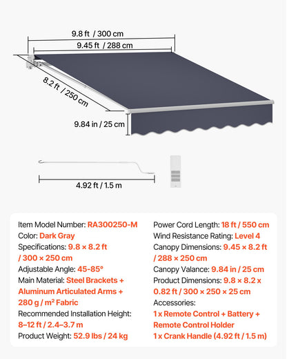 VEVOR Electric Retractable Awning, 9.8' x 8.2' Motorized Patio Awning, Sunshade Shelter with Remote Controller & Manual Crank Handle, Waterproof Polyester Fabric for Outdoor Deck, Balcony, Yard, Gray - DDSSSZYPDDSD74DRR001V1 - view 8