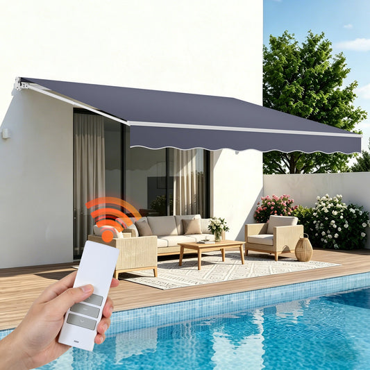 VEVOR Electric Retractable Awning, 14.1' x 9.8' Motorized Patio Awning, Sunshade Shelter with Remote Controller & Manual Crank Handle, Waterproof Polyester Fabric for Outdoor Deck, Balcony, Yard, Gray - DDSSSZYPDDSDF02J6001V1 - view 1