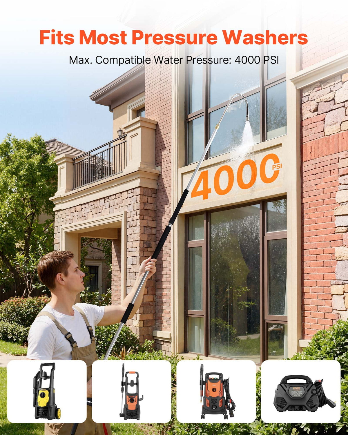 VEVOR 9 FT Pressure Washer Telescoping Wand, 3-Section with Power Washer Extension Wands, 7 Nozzles, Hose Adapter, Support Belt, Storage Bag, 4000 PSI Telescopic Gutter Cleaner for High Cleaning - DDSYZG30INCHRPGW8001V0 - view 4